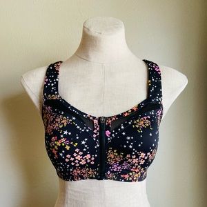 Black Floral/Star Zip-up Front Sports Bra